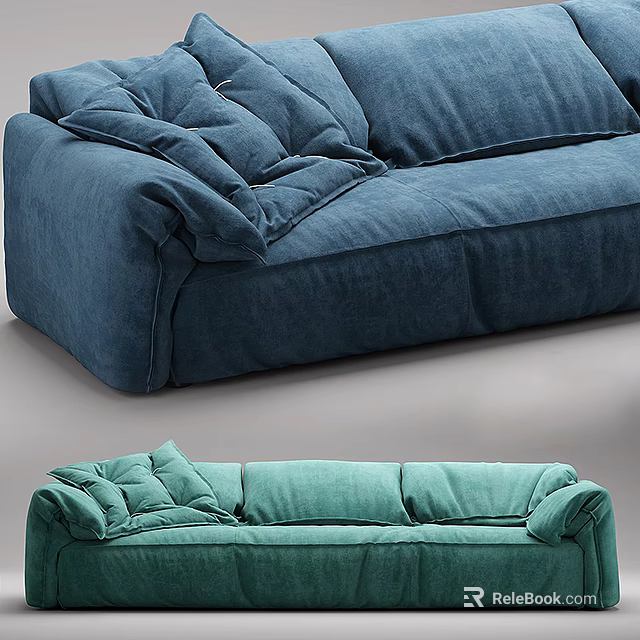 Modern Three Seater Sofa With Blue And Teal Plush Cushions Soft Upholstery 3d model 