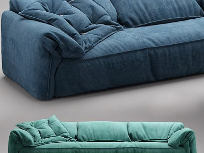 Modern Three Seater Sofa With Blue And Teal Plush Cushions Soft Upholstery 3d model