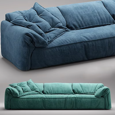 Modern Three Seater Sofa With Blue And Teal Plush Cushions Soft Upholstery 3d model