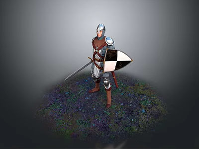 Armored Knight In Medieval Armor Holding Sword And Shield Standing On Grassy Ground 3d model