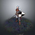 Armored Knight In Medieval Armor Holding Sword And Shield Standing On Grassy Ground