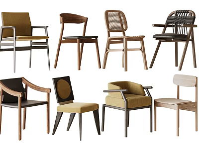 Modern Dining Chairs With Wooden Frame Rattan Back And Upholstered Seats Variety Styles 3d model