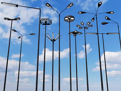 Roadside Lighting Facilities With Multiple Street Lamps Under Blue Sky And White Clouds 3d model
