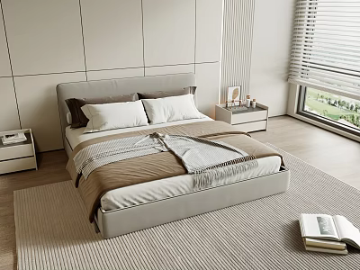 Modern Minimalist Double Bed with White Panel Headboard Side Tables Pillows Blanket on Carpet by Window with Blinds 3d model