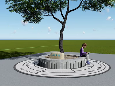 Garden Landscape With Circular Tree Basin Gentle Breeze Person Sitting On Grassland Under Sky 3d model