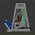 Industrial Mechanical Device With Metal Frame Blue Cylinder Green Glowing Tubes Cables And Control Panel