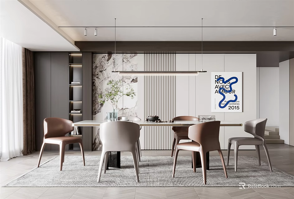 Modern Elegant Restaurant Interior Design With Dining Table Chairs Pendant Lights And Artwork 3d model 