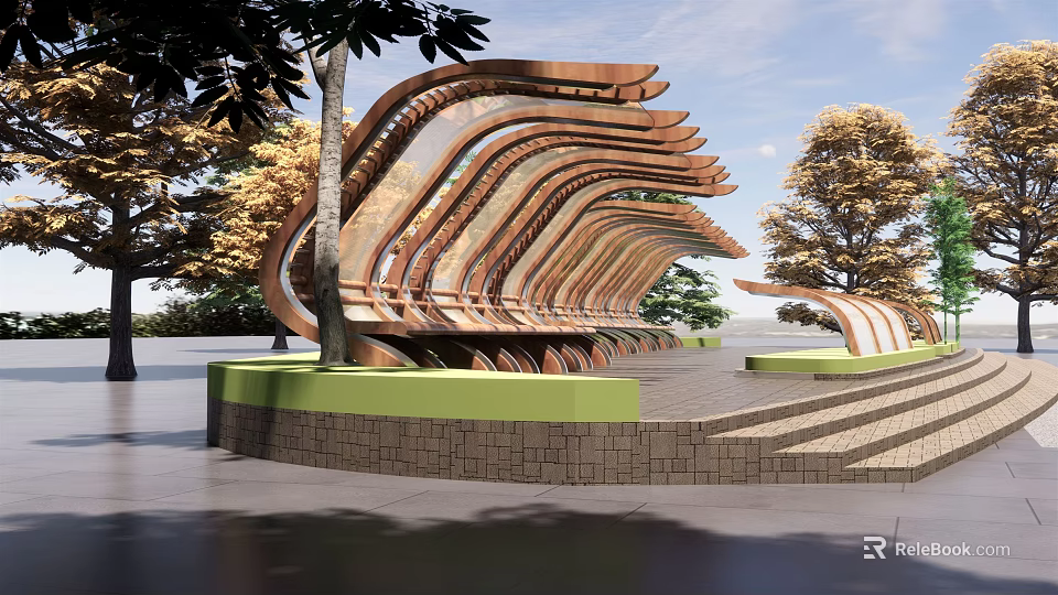 Modern Curved Outdoor Landscape Seating With Green Base Trees And Steps 3d model 