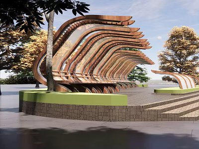 Modern Curved Outdoor Landscape Seating With Green Base Trees And Steps 3d model