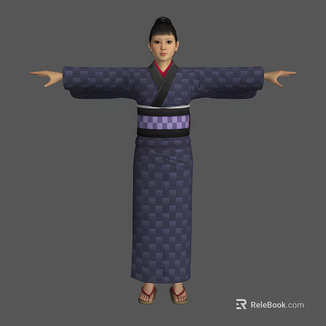 Woman In Purple Checkered Kimono With Black Belt And Red Inner Arms Outstretched 3d model 
