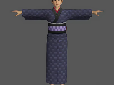 Woman In Purple Checkered Kimono With Black Belt And Red Inner Arms Outstretched 3d model