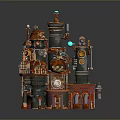 Steampunk Themed Mechanical Equipment With Towers Pipes Gears And Glowing Elements