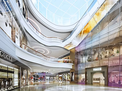 Spacious Shopping Mall Atrium With Multi Level Glass Dome Luxury Brand Stores Modern Interior Lighting 3d model