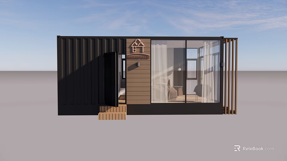 Modern Container Guesthouse Architecture With Large Glass Windows Wooden Accents And Open Layout 3d model 