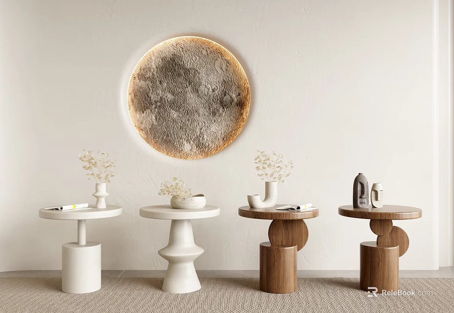 Modern Side Tables Various Designs White Wooden With Decorative Plants Round Moon Wall Art 3d model 