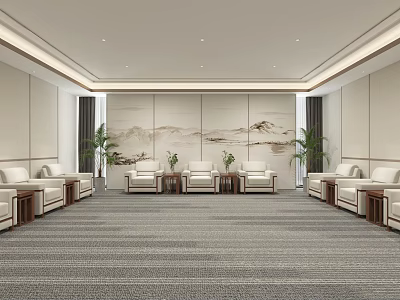 Spacious Elegant Meeting Room With Symmetric Sofas Coffee Tables And Landscape Painting Wall 3d model