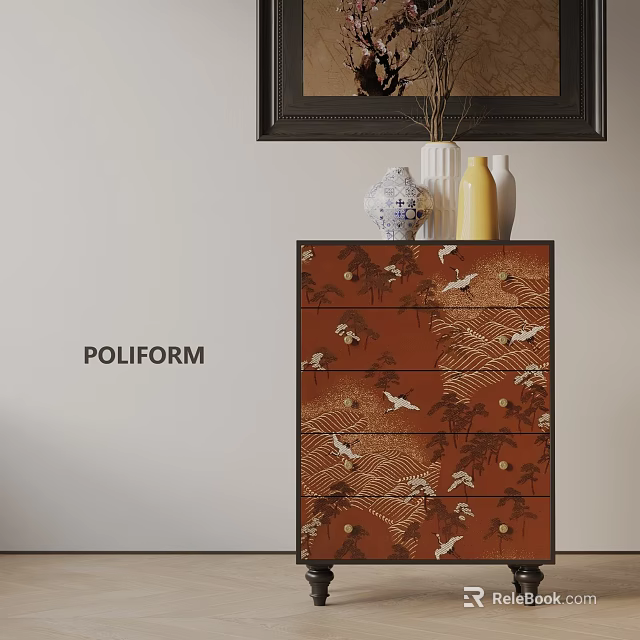 POLIFORM Red Entryway Side Cabinet With Crane Floral Patterns And Decorative Vases 3d model