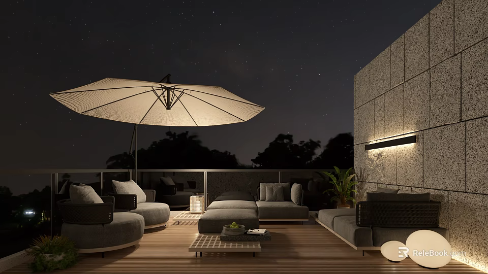Cozy Villa Balcony with Umbrella Sofa Coffee Table Plants Lighting and Wooden Floor at Night 3d model 