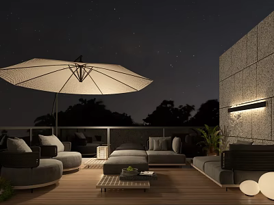 Cozy Villa Balcony with Umbrella Sofa Coffee Table Plants Lighting and Wooden Floor at Night 3d model