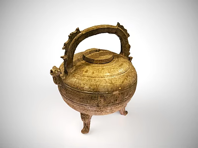 Ancient Bronze Tea Vessel With Decorative Handle Three Legs And Carved Patterns 3d model