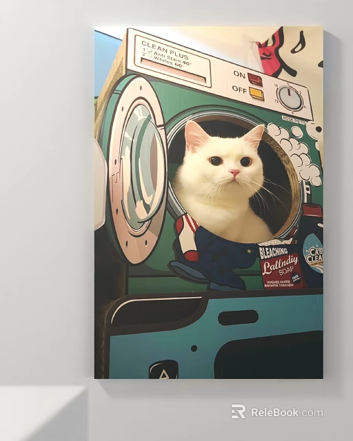 White Cat Peeking Out From Decorative Green Washing Machine With Bubbles 3d model