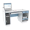 Modern White And Blue Office Desk With Computer Monitor CPU Tower Notebook Drawers And Cabinet