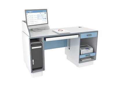 Modern White And Blue Office Desk With Computer Monitor CPU Tower Notebook Drawers And Cabinet 3d model