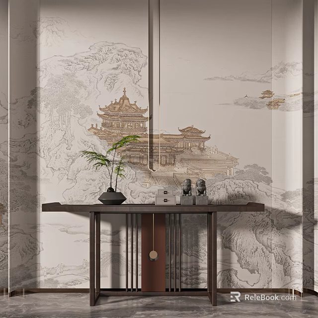 Traditional Chinese Console Table With Pavilion Wall Art Green Plant And Decorative Figurines 3d model 