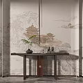 Traditional Chinese Console Table With Pavilion Wall Art Green Plant And Decorative Figurines