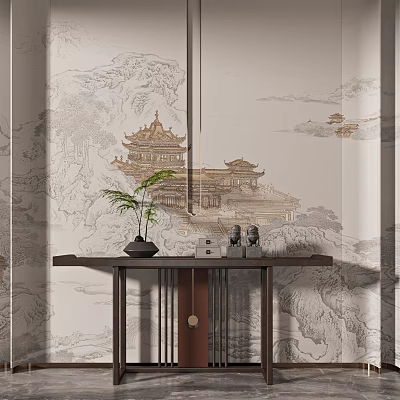 Traditional Chinese Console Table With Pavilion Wall Art Green Plant And Decorative Figurines 3d model