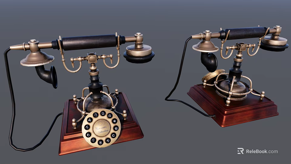 Vintage Telephone With Wooden Base And Metal Dial Retro Design Communication Device 3d model 