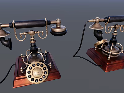 Vintage Telephone With Wooden Base And Metal Dial Retro Design Communication Device 3d model
