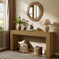 Wooden Entryway Console Table with Green Plants Woven Mirror and Lamp in Cozy Interior
