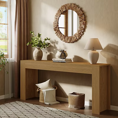 Wooden Entryway Console Table with Green Plants Woven Mirror and Lamp in Cozy Interior 3d model