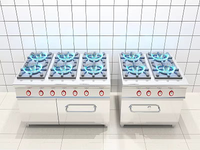 Stainless Steel Kitchen Gas Stoves With Multiple Blue Flame Burners In Tiled Setting 3d model