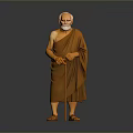 Elderly Man In Brown Robe Holding Walking Stick Standing Against Gray Background