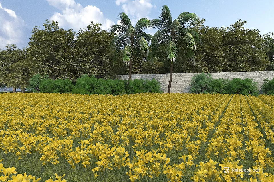 Vibrant Garden Landscape With Golden Yellow Flower Field Palm Trees And Stone Wall 3d model 