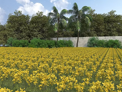 Vibrant Garden Landscape With Golden Yellow Flower Field Palm Trees And Stone Wall 3d model