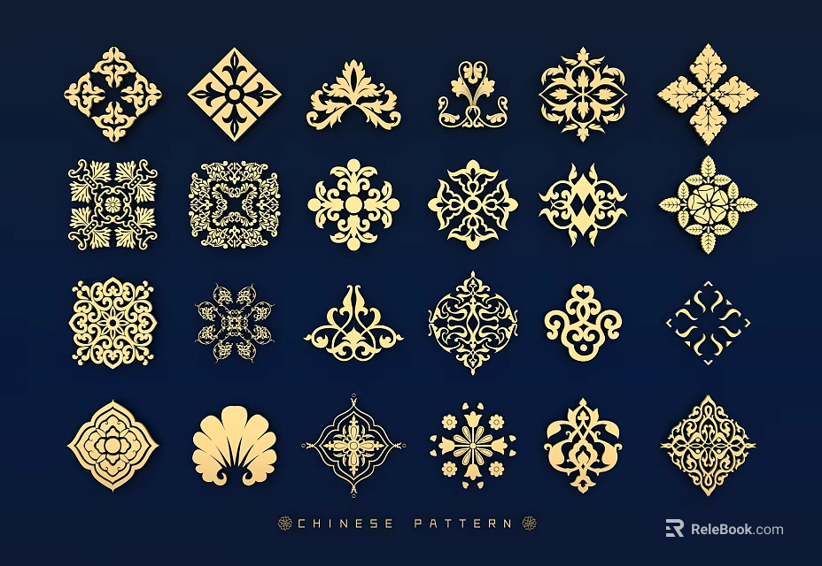 Traditional Chinese Wall Decor With Various Ornamental Golden Patterns Design 3d model