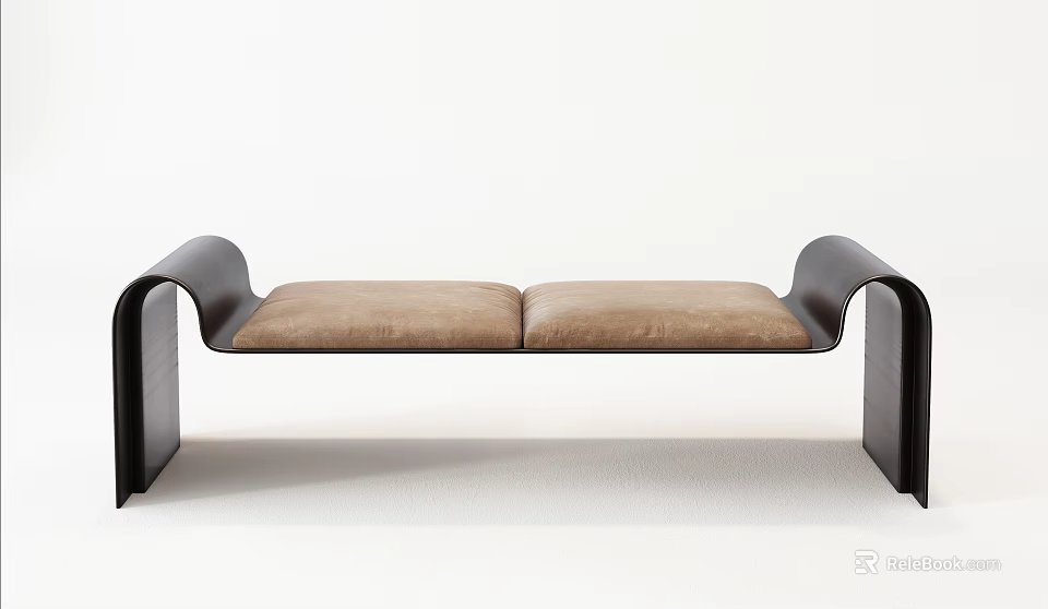 Modern Minimalist Ottoman with Black Metal Frame and Beige Cushion Seats 3d model 