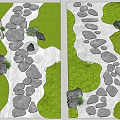 Stepping Stones Garden Path With Green Grass White Sand Small Plants And Rock Decorations