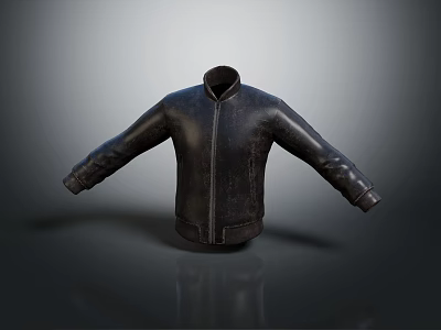 Black Leather Jacket With Zipper Stand Collar And Open Sleeves Design 3d model