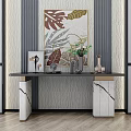 Modern Console Table with Marble Legs and Leaf Pattern Wall Art Decor 3d model