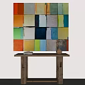 Colorful Abstract Painting On Wall Above Wooden Console Table With Vase And Decorative Book Decoration