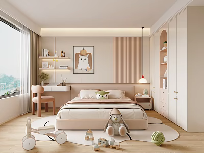 Cozy Kids Bedroom Interior With Bed Desk Chair Cat Painting Toys Bookshelf And Window View 3d model