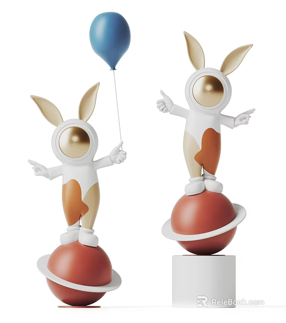 Creative Rabbit Astronaut Sculptures Standing on Red Planets With Blue Balloon 3d model