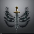 Crystal Sword With Golden Hilt Sunburst Decoration And Black Blue Ethereal Wings