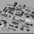 Different Types Of Black Mechanical Parts And Tools Scattered On Light Background