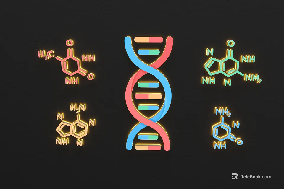 Colorful Scientific Wall Decor With DNA Double Helix And Molecular Structures On Black Background 3d model 