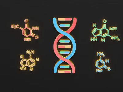 Colorful Scientific Wall Decor With DNA Double Helix And Molecular Structures On Black Background 3d model